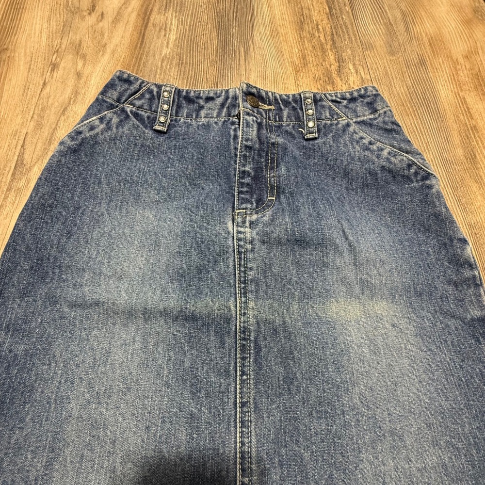 Vintage Lee Denim Midi Skirt Blue Cotton Y2KKids RetroKids - Picture 2 of 7